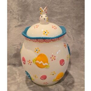 Temp-tations Old World Easter Egg Cookie Jar Bunny Lid Hand Painted Ceramic 10x7